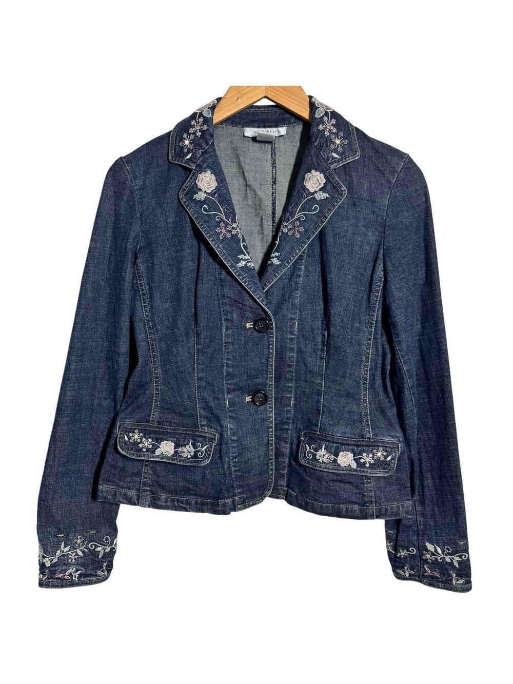 Nine West Y2K 90s Embroidered Denim Jacket Women S Blue Floral Fairy Prep Spring